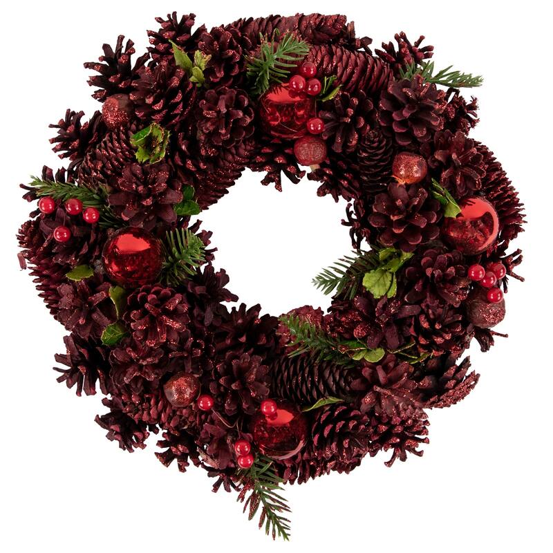 Red Pinecone Berry and Ornament Christmas Wreath 13.5-Inch Unlit - 13.5"