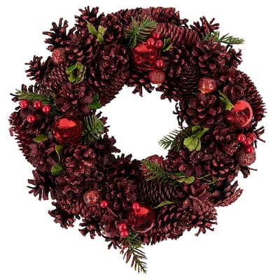 Red Pinecone Berry and Ornament Christmas Wreath 13.5-Inch Unlit - 13.5"