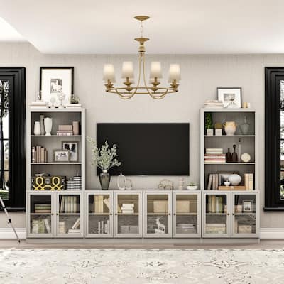 Media Console Glass Doors Modern Living Spaces Entertainment Center - 126"x70.9"