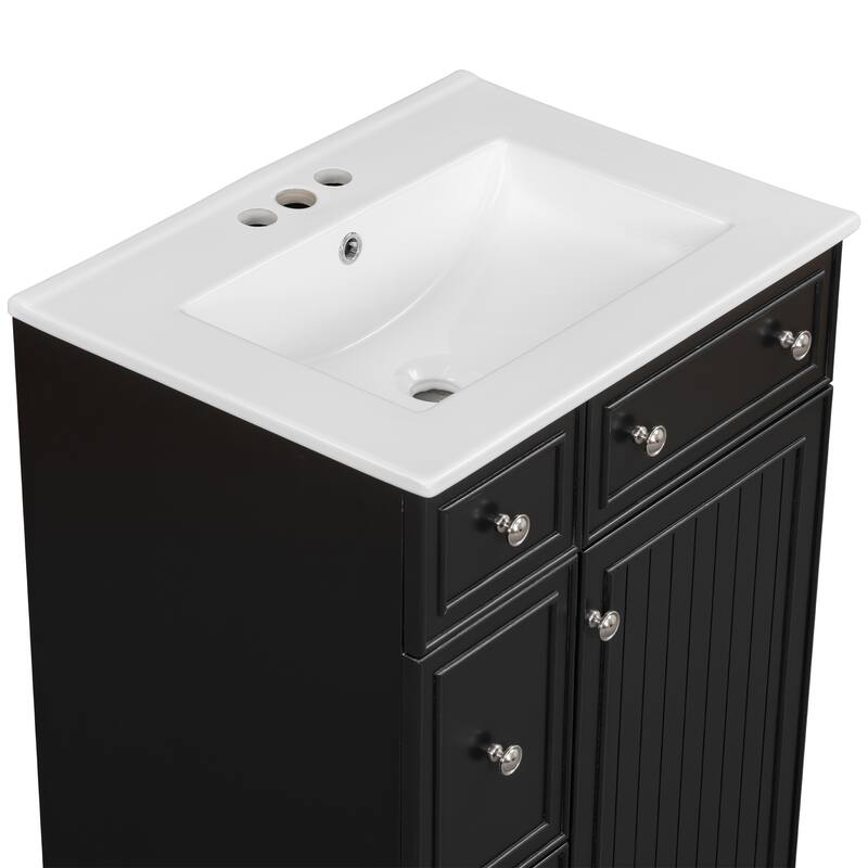 24" Bathroom Vanity Cabinet with Ceramic Sink & 2 Drawers, Bathroom Storage Cabinet Free-standing Single Sink Cabinet, Black