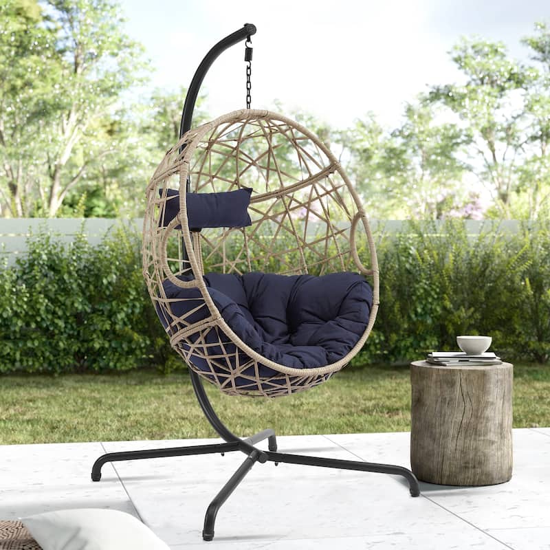 Swing Egg Chair with Stand and Cushion for Indoor Outdoor Use - Navy
