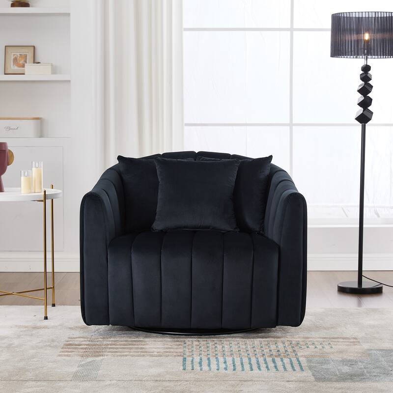Roomfitters Oversized Swivel Barrel Chair, Velvet Channel Tufted Pumpkin-Shape Club Armchair with 3 Pillows for Living Room