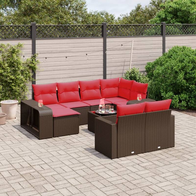 vidaXL Patio Sofa Set with Cushions Conversation Set Modular Sofa Poly Rattan - 25.8 x 24.4 x 27.2 - Brown and red with glass table