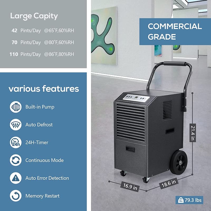 Commercial Dehumidifier for Basement with Drain Hose and Pump - 110 pints