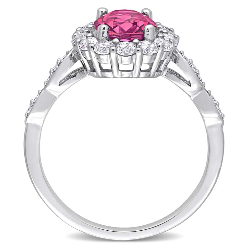 Miadora Oval-cut Pink and White Topaz with Diamond Accent Halo Cocktail Ring in 10k White Gold