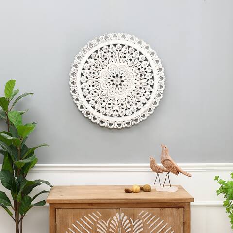 Distressed White Wood Flower Round Wall Decor