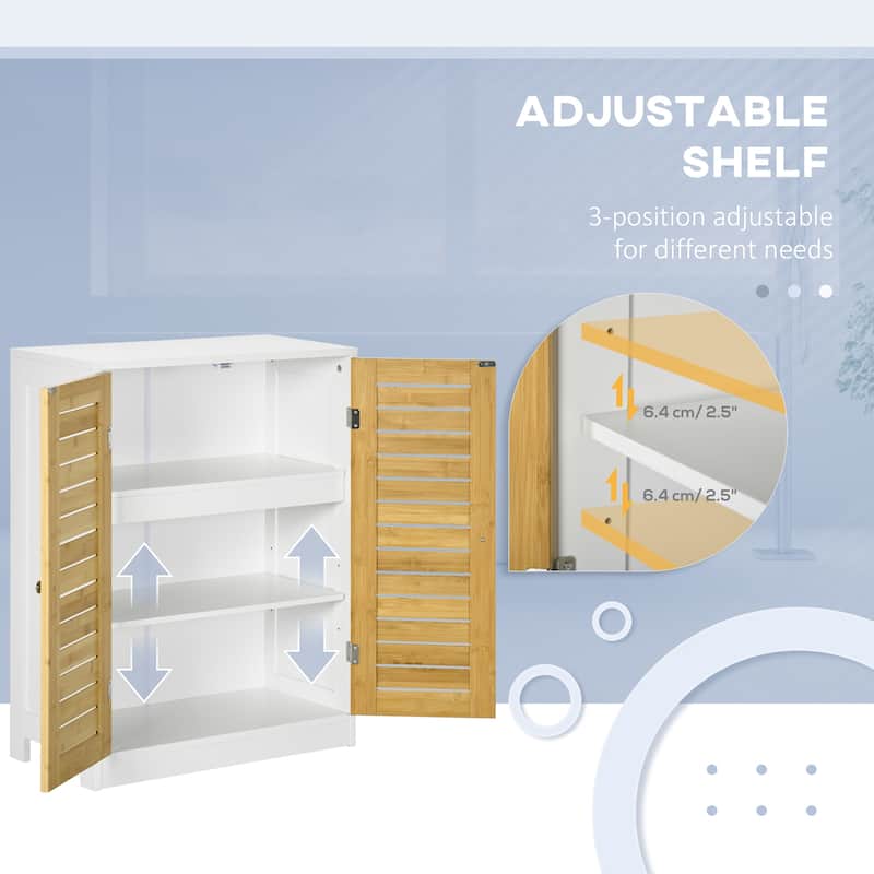kleankin Bathroom Floor Cabinet, Side Storage Organizer Cabinet with Bamboo Doors, Adjustable Shelves, White and Natural