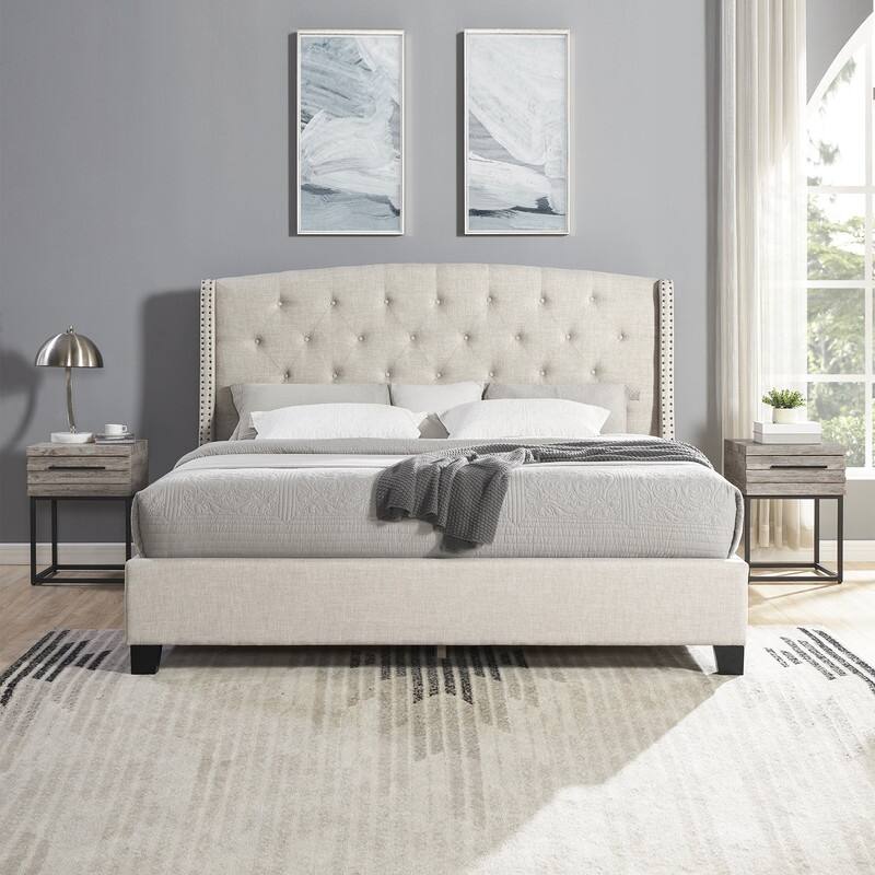 3-Piece Upholstered Bedroom Set, Tufted Wingback Bed with Two Nightstands - Gray/White - 3 Piece - White