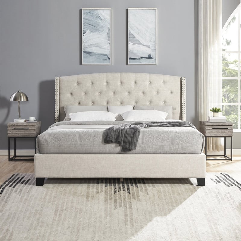 3-Piece Upholstered Bedroom Set, Tufted Wingback Bed with Two Nightstands - Gray/White