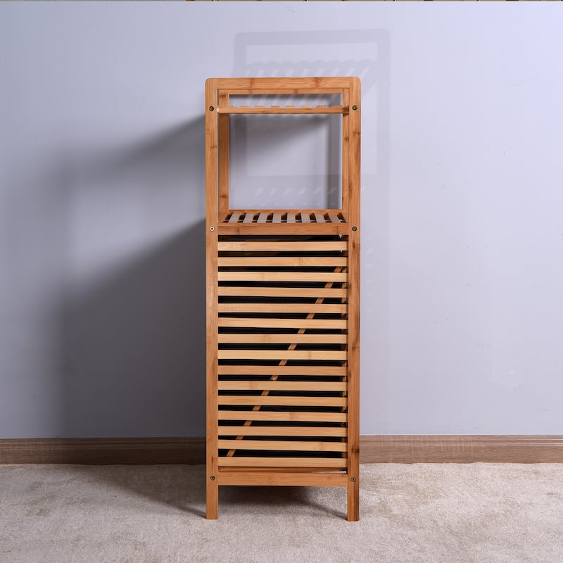 Brown Bamboo Bathroom Laundry Storage Floor Cabinet with 2-tier Shelf - 17.32 x 13 x 37.8 inch