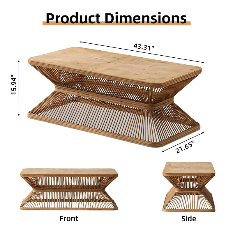 Mid-Century Modern Coffee Table, Rectangular Wood Accent Table with Woven Bamboo Base, Rustic Boho Low Profile Cocktail Table