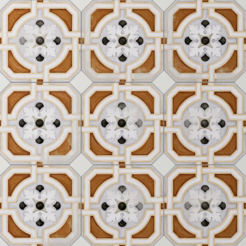 Merola Tile Vaudeville Octagon Deco Zimer with Taco Nacar 7-7/8" x 7-7/8" Porcelain Floor and Wall Tile
