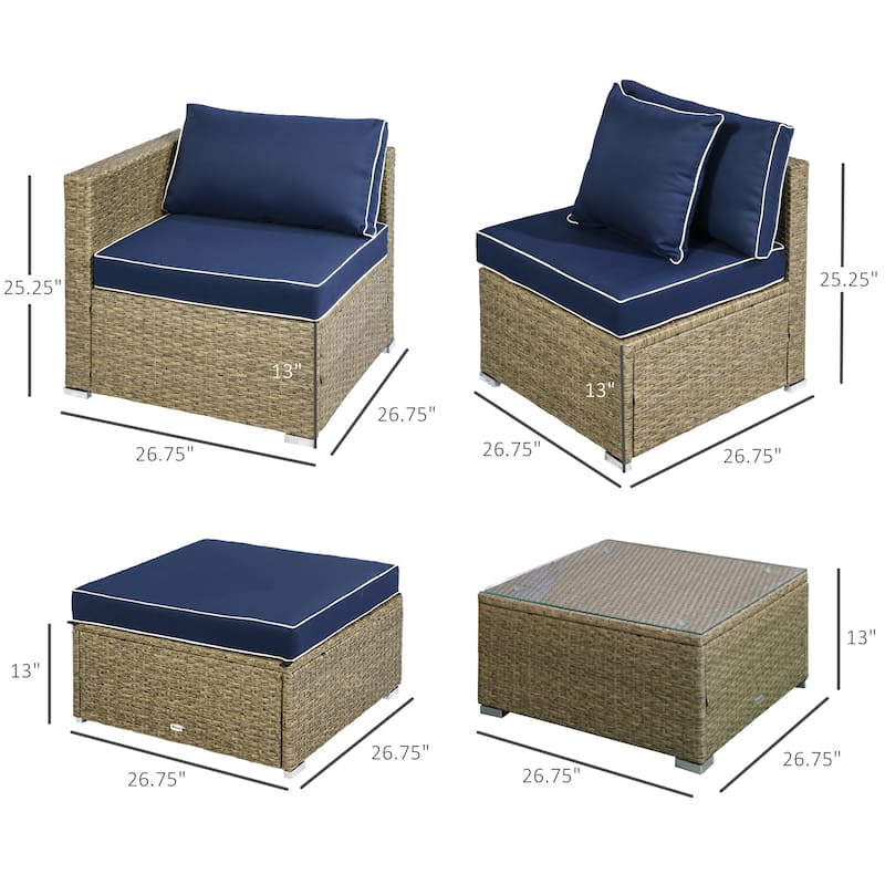 Outsunny 6-Piece Outdoor Patio Rattan Wicker Furniture Set with Comfortable Cotton Cushions, Removable Slip Covers
