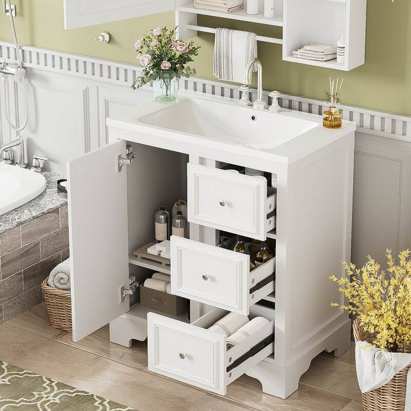 30'' Bathroom Vanity with Top Sink, Freestanding Vanity Set with Mirror Cabinet