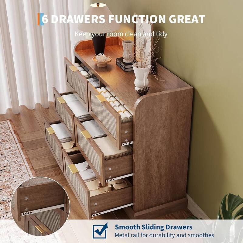 47.2" Rattan 6 Drawer Dresser Chest of Dressers with Ample Storage