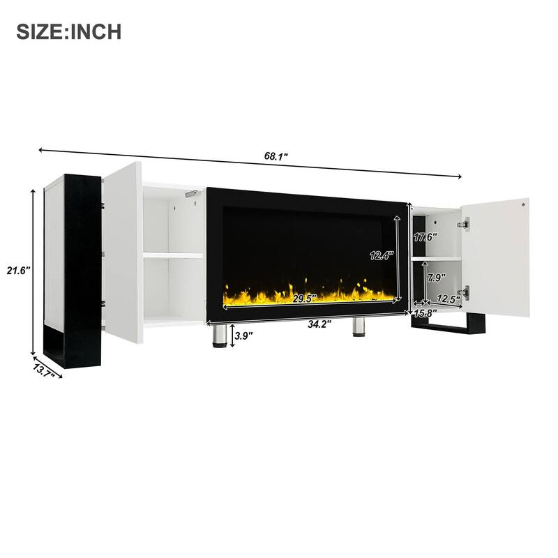 Modern High Gloss Finish V Stand with 34.2" Non-heating Electric Fireplace, Entertainment Center with 2 Cabinets