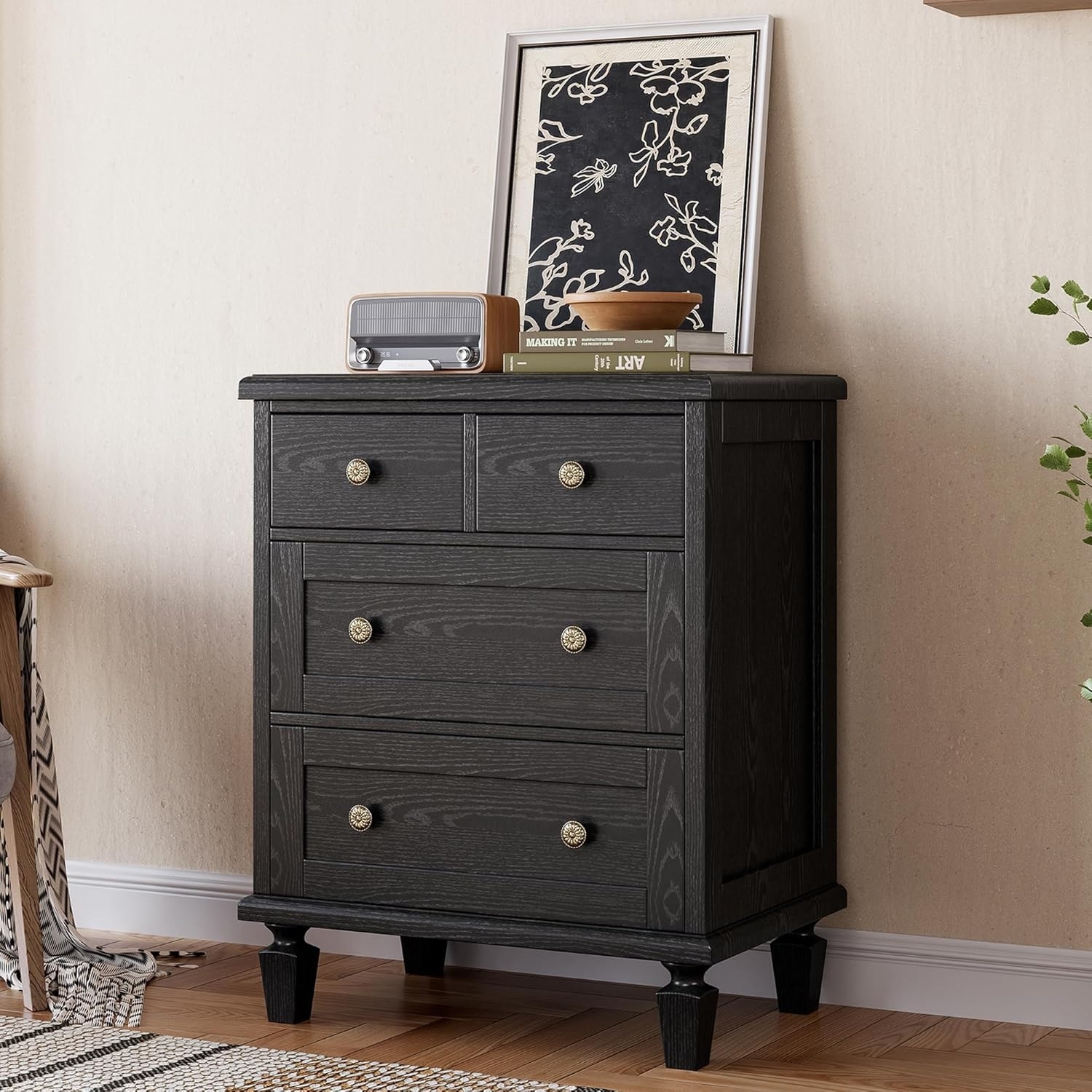 Vintage Dresser with Tapered Legs, Wood Chest of Drawers for Bedroom Living Room Entryway Distressed Wood Finish