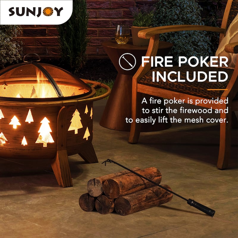 Sunjoy 30 in. Outdoor Wood-Burning Fire Pit, Patio Woven Round Steel Firepit Outside with Spark Screen and Poker - N/A