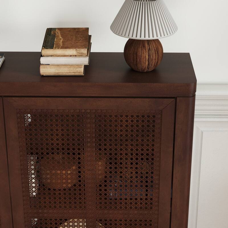 Mid Century Modern 63" Wide 2 - Cane Rattan Door Storage Sideboard, Retro Wine Bar Credenza for Living Room Entryway Kitchen