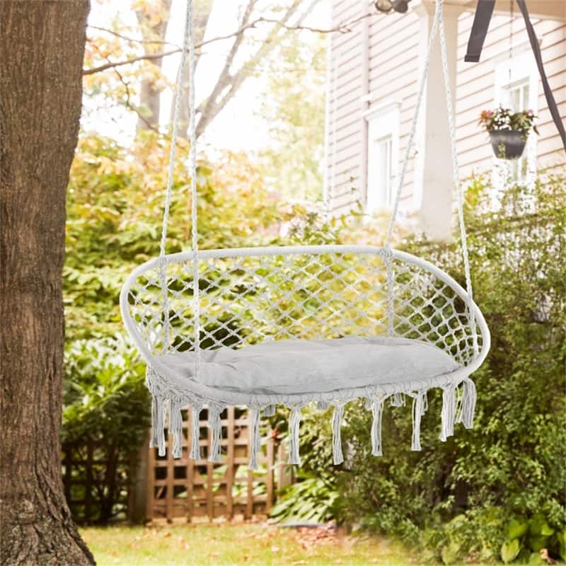 2 Person Hammock Hanging Seat Swing Chair with Macrame Net Design and Cushion for Patio or Balcony - Light-Grey