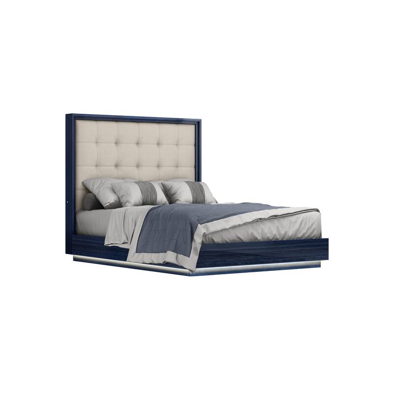 HomeRoots Blue and Gray Wood And Tufted Faux Leather Lighted Queen Bed Frame