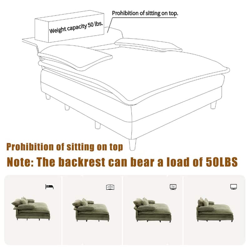 Reclining Sleeper Sofa Bed Single Chaise Lounge Corduroy Upholstered Lounge Couch Chair with Adjustable Backrest and Pillows