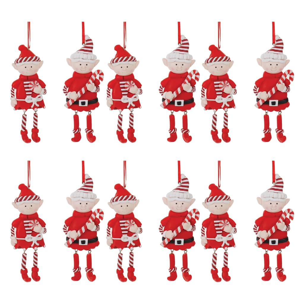 Set of 12 Clay Elf Ornaments for Holiday Tree Decor with Red Ribbon - 2" x 0.25" x 5.25"