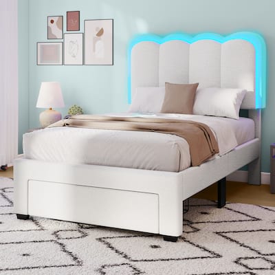 Moasis Lamb Wool Bed Frame with 2 Drawer, Adjustable Headboard with Charging Station and LED Lights