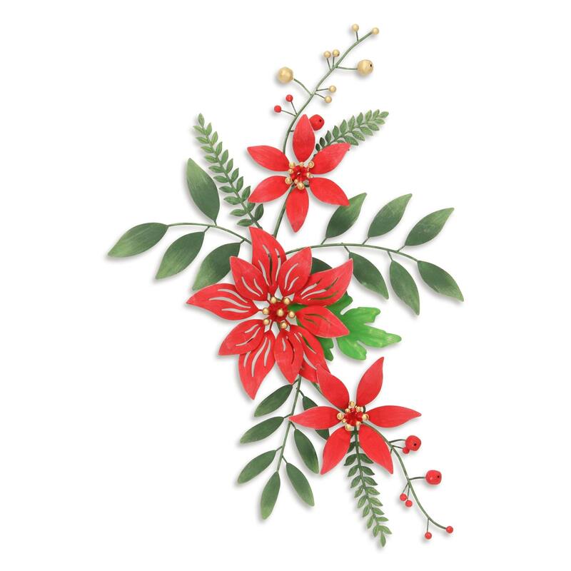 HomeRoots 15" X 22" Red Christmas Poinsettia Metal Hanging Dimensional Sculpture