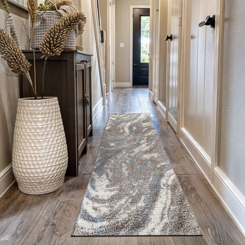 Marble Swirl Shag Rug - Blue - Medium Pile - Great for Living Room, Bedroom, or Entryway - 2' 3" x 12'