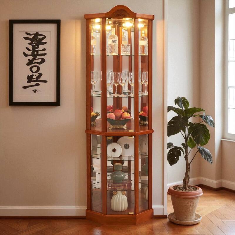 Lighted Corner Curio Cabinet with Glass Doors, Adjustable Shelves & Carved Cherry Decor, Elegant Display Cabinet for Home