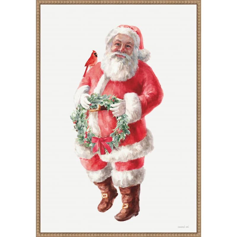 Jolly Santa with Wreath by Danhui Nai (23 x 33 in.), Framed Canvas Wall Art Print - Sylvie Beaded Rustic Natural