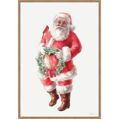 Jolly Santa with Wreath by Danhui Nai (23 x 33 in.), Framed Canvas Wall Art Print - Sylvie Beaded Rustic Natural