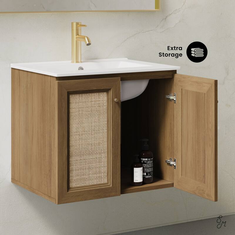 Classe 24" Wall-Mounted Bathroom Vanity In Brown Oak With Single Faucet Hole Vanity Top - 24