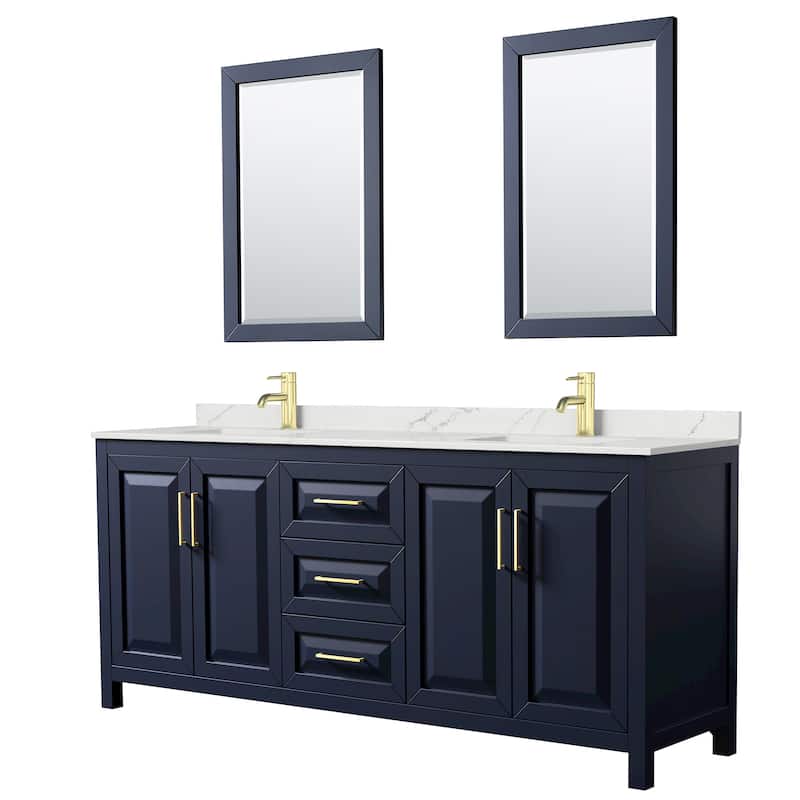 Wyndham Collection WCV252580D-QTZ-UNSM24 Daria 80" Free Standing - Dark Blue / Giotto Quartz Top / Brushed Gold
