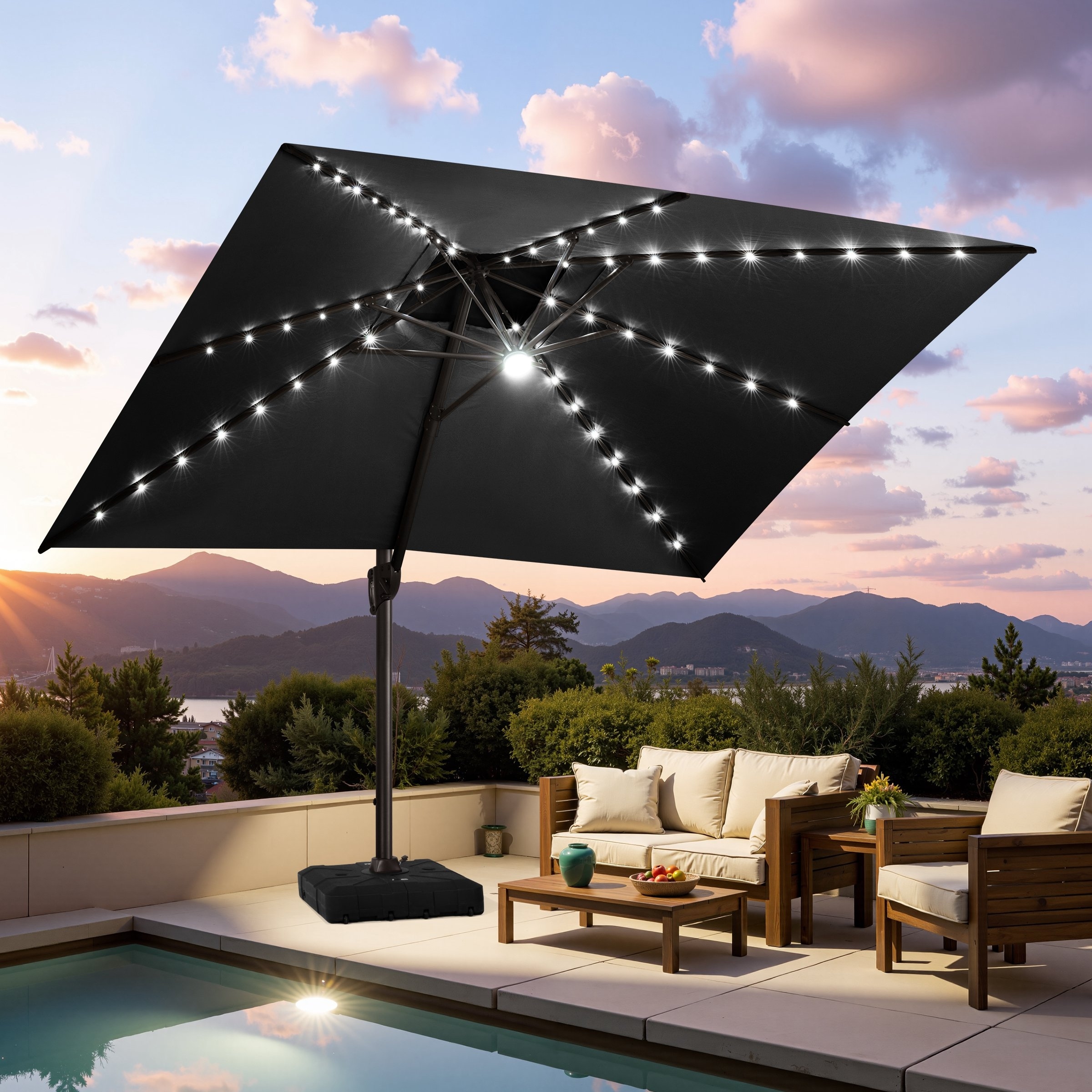 10ft solar patio offset umbrella with Lights and Base for Patio, Cream | Cantilever Outdoor Umbrella with 32 LED Lights, 360° Rotation, Infinite Tilt, Yarn-Dyed Canopy for Poolside cantilever umbrellas offer the best shade coverage Costway 10 Ft Patio Solar