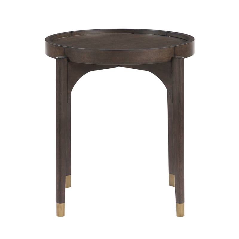 Azy Side End Table, 24 Inch Round Top, Gold Capped Legs, Dark Brown