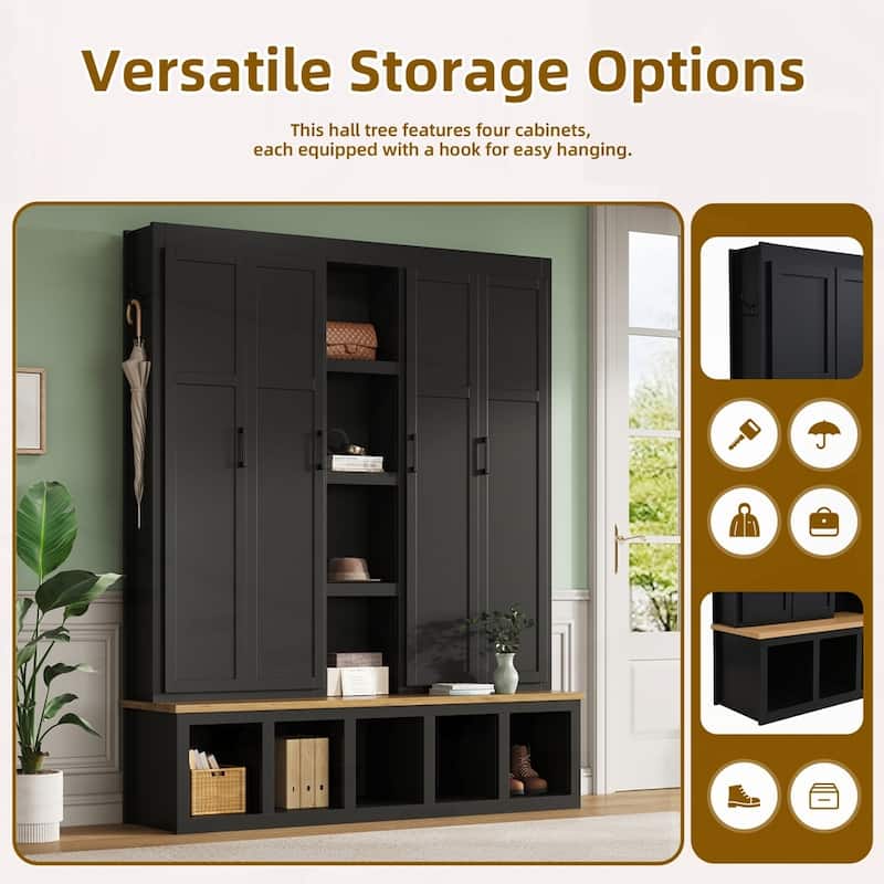 Farmhouse 4-in-1 Hall Tree with 6 Hanging Hooks, Mudroom Wood Grain Bench with Open Compartments