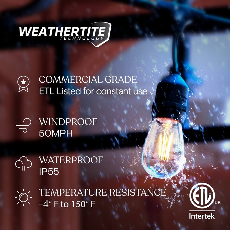 Brightech Ambience Pro 15 Light 48 Ft. Outdoor Plug-in LED S14 Edison Bulb String-Light 2700k Soft White