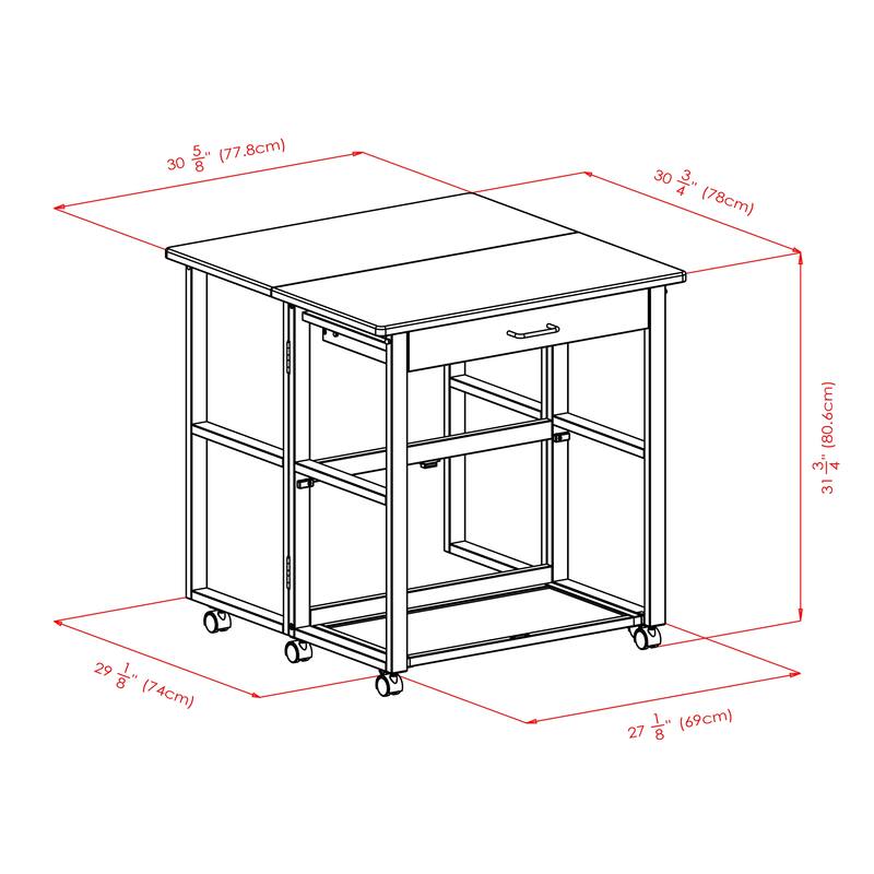 3 Piece Compact Kitchen Table Set with Storage Drawer and Rolling Casters - 30.63 x 31.57 x 31.73 inches