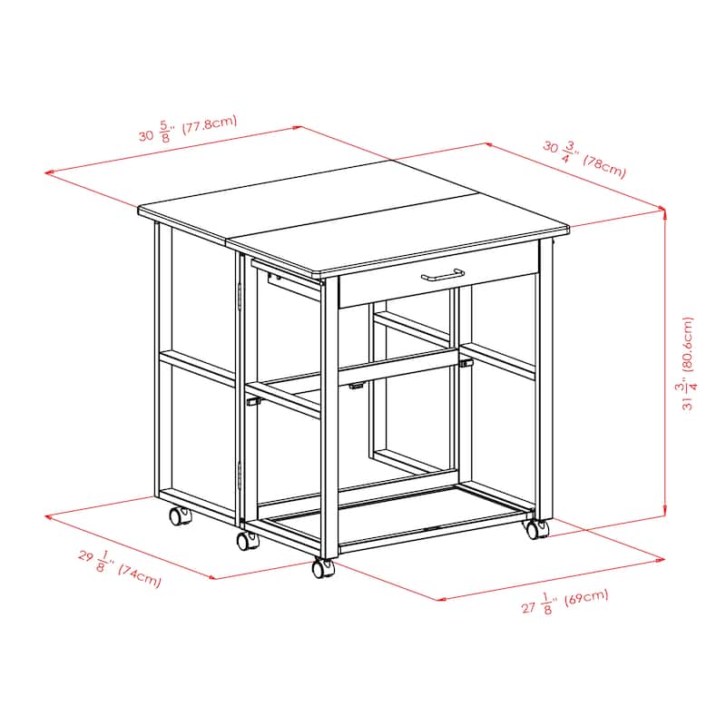 3 Piece Compact Kitchen Table Set with Storage Drawer and Rolling Casters - 30.63 x 31.57 x 31.73 inches