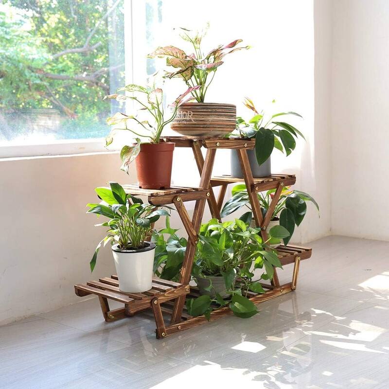 Triangular Plant Stand Wooden Flower Shelf Window Decor