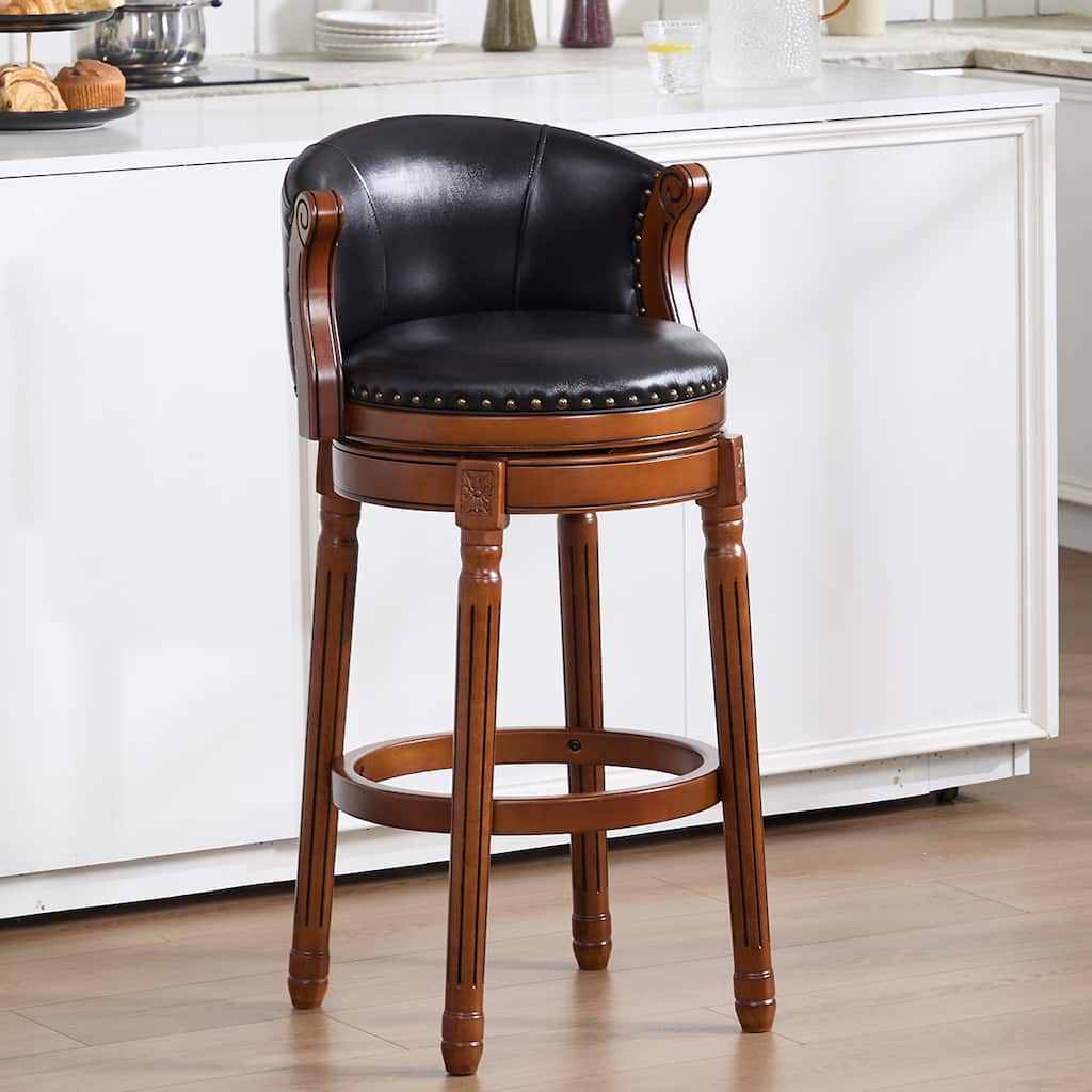 Cow Print Leather Swivel Bar Stool with Back, Wooden Frame & 360-Degree Spin, Bar Height, Black