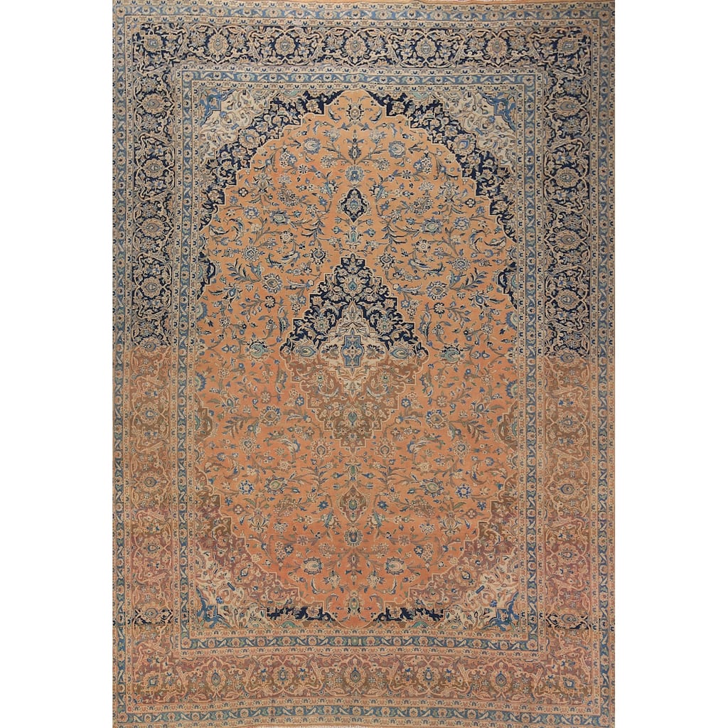 Orange Floral Najafabad Persian Vintage Area Rug Handmade Wool Carpet - 9'6" x 12'9"