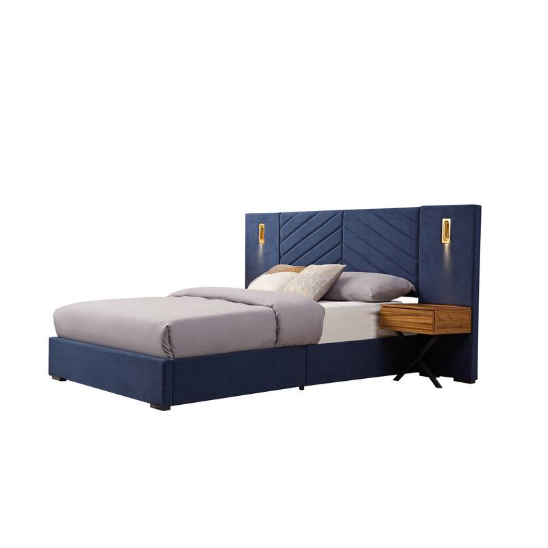 Royal Blue Queen Velvet Bed Frame Vertical Channel Tufted Wingback Headboard Upholstered Platform Bed Wooden Slats - Retro Blue