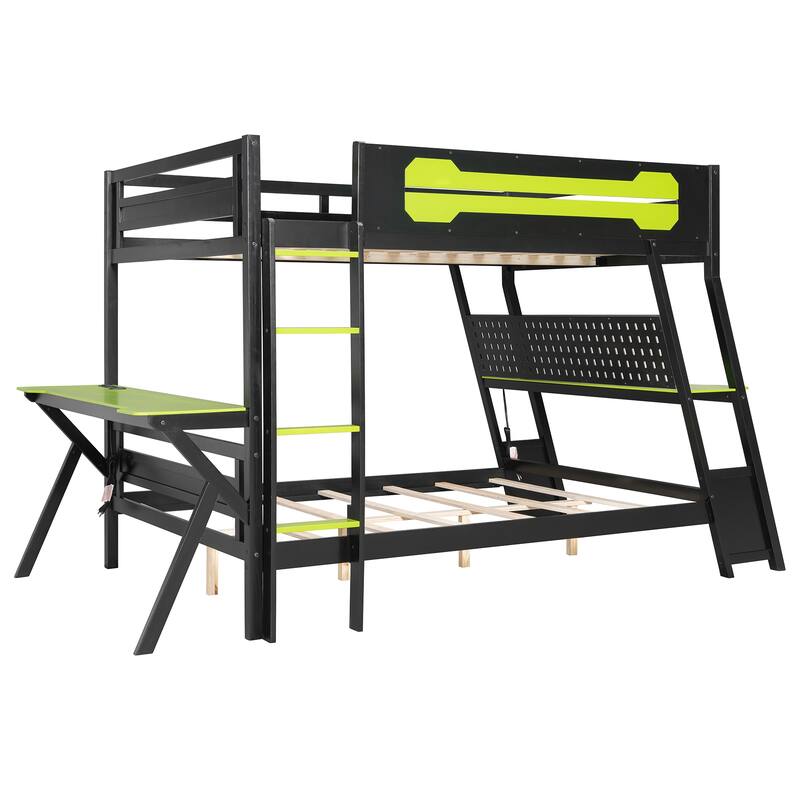 Gaming Bunk Bed Two Built-In Gaming Desks Each Side Loft Bed with USB Desktop Ports and Pegboard Organizer for Gaming Room Gamer