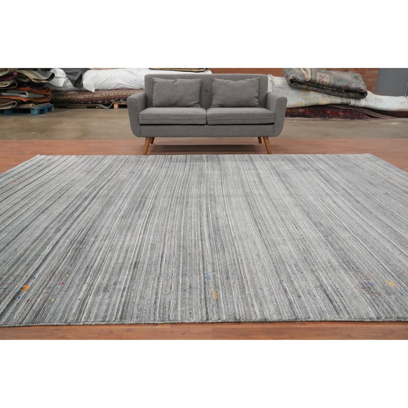 Hand Knotted Oriental Viscose Silk Carpet Tribal Animal Pictorial Greys & Charcoal Gabbeh Area Rug - 11' 8'' X 9' 1''