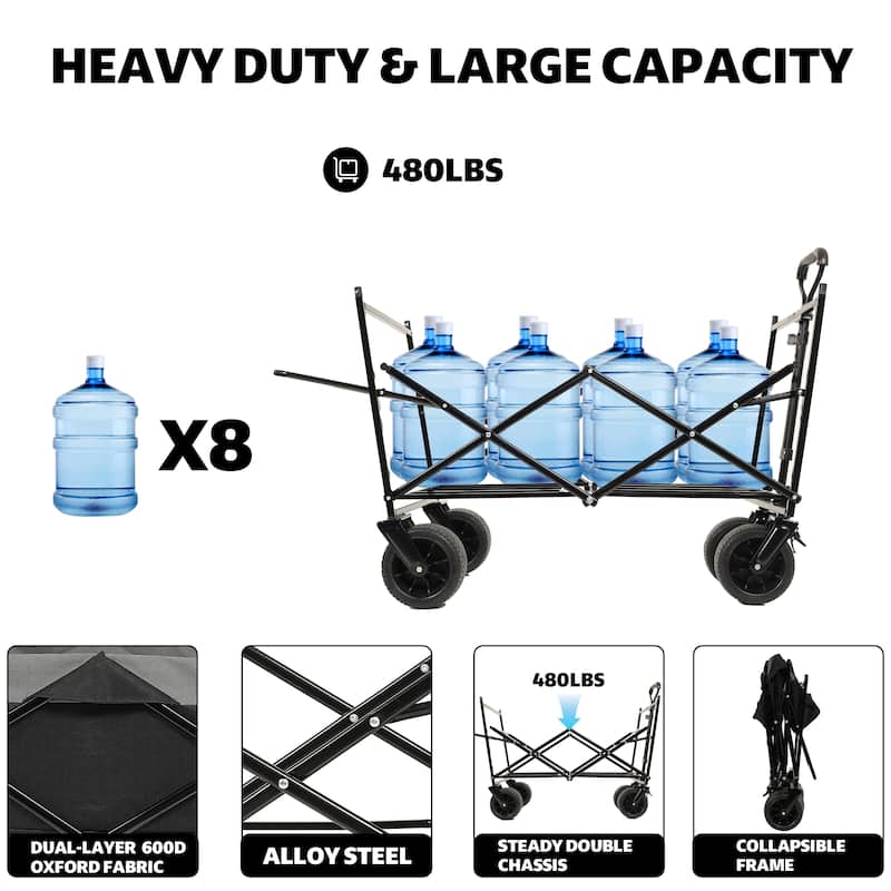 480Lbs Collapsible Wagon with Canopy, Wagon Stroller with 7" All-Terrain Wheels, Lightweight Foldable Wagon