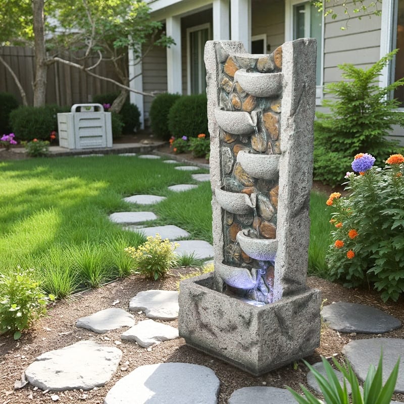 Outdoor 6-Tier Cascading Bowl Fountain in Marble-Style Resin with LED Lights – Elegant and Durable