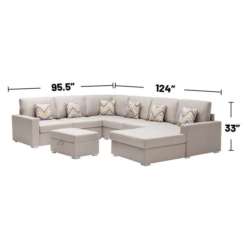 Linen Fabric 7 Piece Reversible Chaise Sectional Sofa with Interchangeable Legs, 7 Pillows and Storage Ottoman